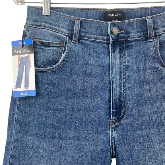 NEW WELL WORN Wide Leg High Waisted Denim Jeans Medium Blue Wash Size 30 Stretch - Picture 2 of 4